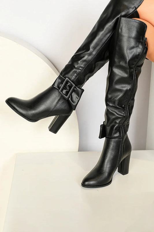 Irregular Edge Buckle Solid Color Pointed Toe Chunky Heel Knee High Boots