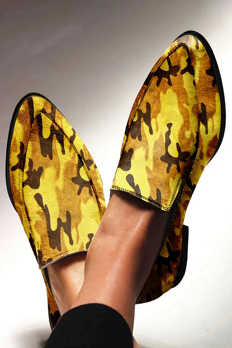 Camo Print Casual Pointed Toe Yellow Leather Loafers [Pre Order]