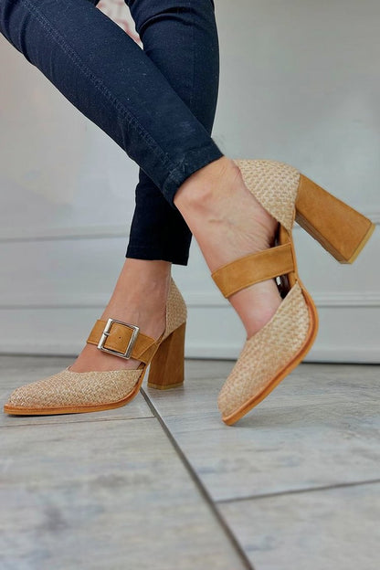 Colorblock Strap Buckle Woven Pointed Toe Beige Chunky Heels [Pre Order]