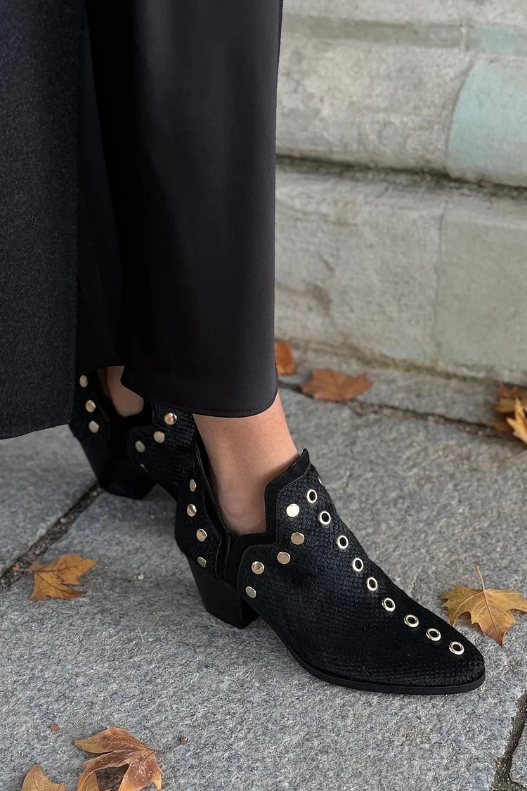 Metallic Studded Pointed Toe Chunky Heel Black Ankle Boots [Pre Order]