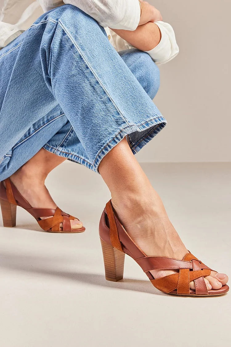 Woven Peep Toe Hollow Out Brown Chunky Heels [Pre Order]