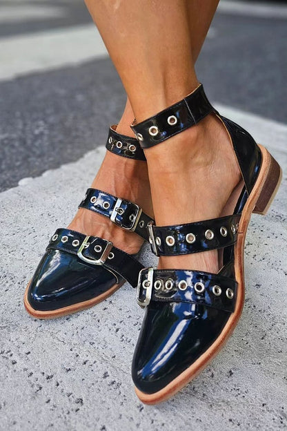 Metallic Eyelets Pointed Toe Ankle Strap Buckle Black Flats [Pre Order]