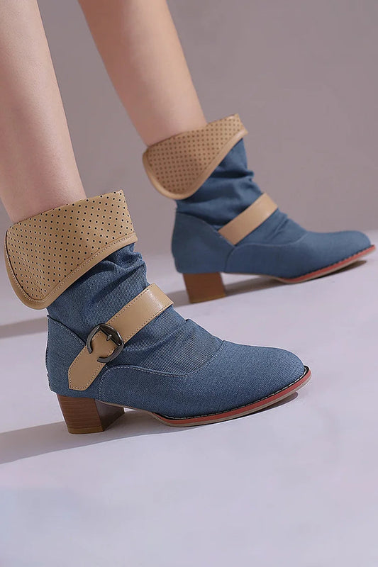 Colorblock Fold Patchwork Strap Buckle Chunky Heel Ankle Boots