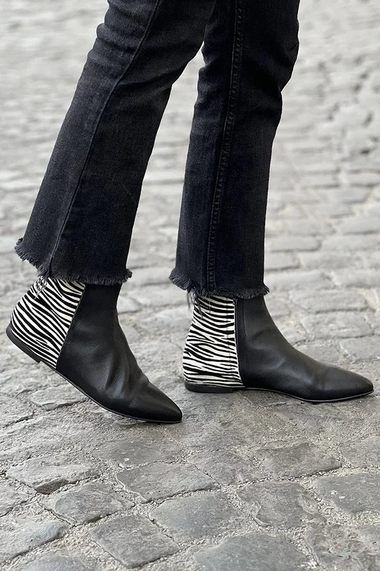 Zebra Print Pointed Toe Casual Black Ankle Boots [Pre Order]