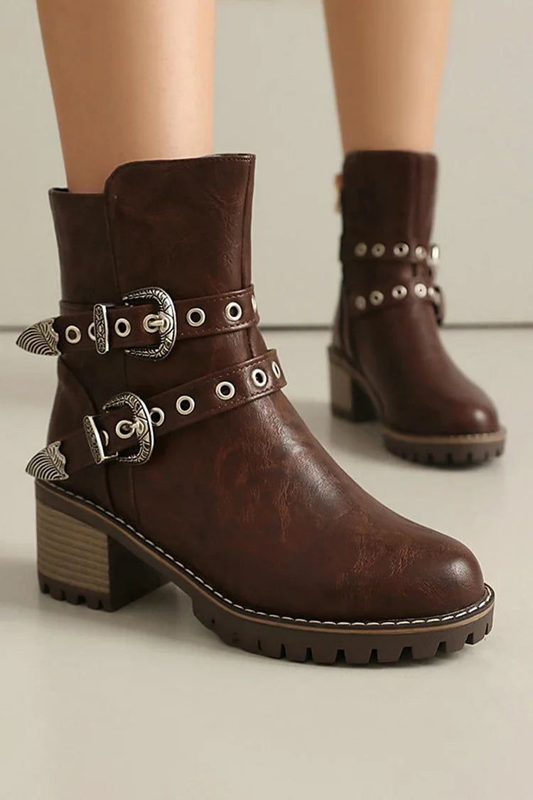 Two Straps Buckles Patchwork Round Toe Chunky Heel Ankle Boots