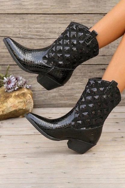 Crocodile Pattern Patchwork Pointed Toe Chunky Heel Mid Boots