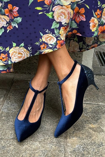 Glittering T-Strap Buckle Pointed Toe Navy Kitten Heels