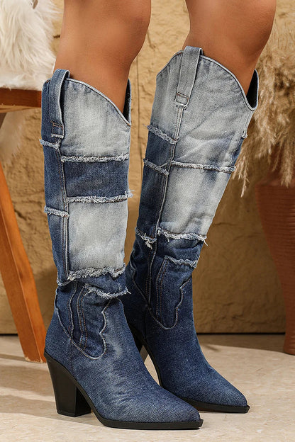 Denim Raw Trim Patchwork Pointed Toe Chunky Heel Knee High Boots