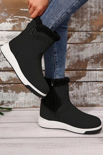 Patchwork Round Toe Strap Buckle Decor Fleece Lined Snow Boots