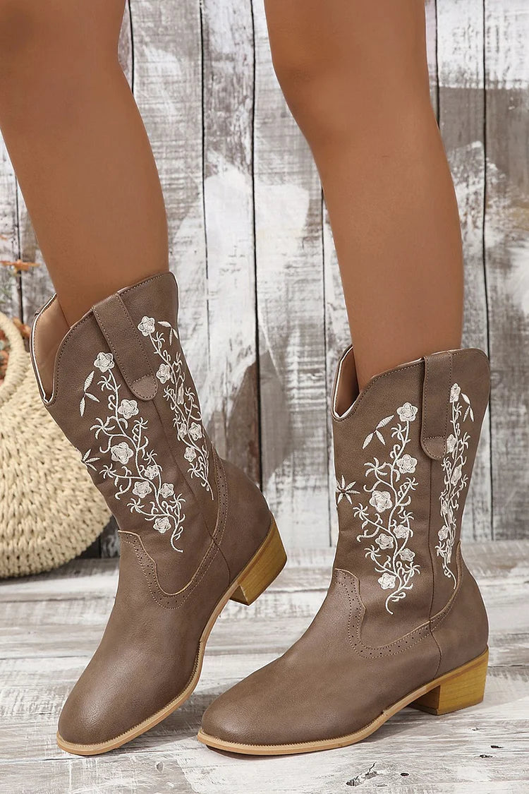 Floral Embroidery Patchwork Round Toe Mid Calf Boots