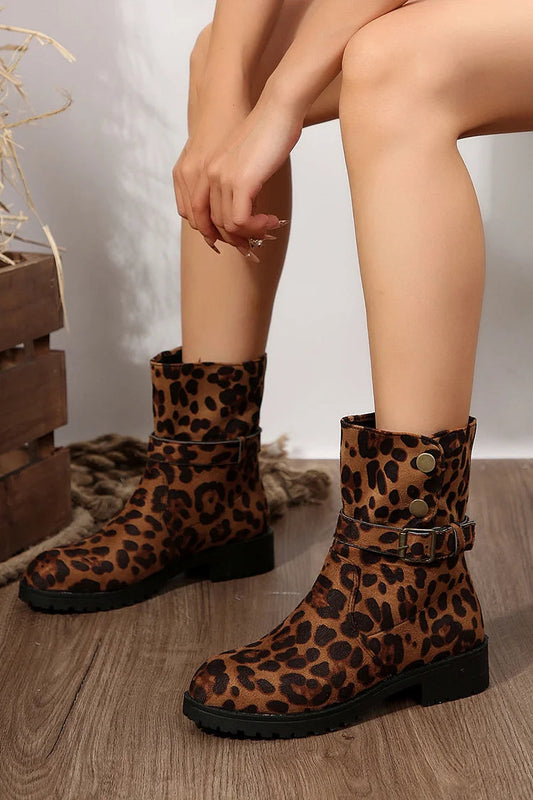 Metal Buttons Leopard Print Round Toe Low Block Heel Mid Boots