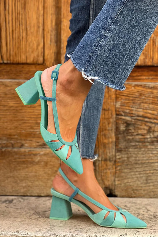 Hollow Out Pointed Toe Elegant Green Chunky Heels [Pre Order]