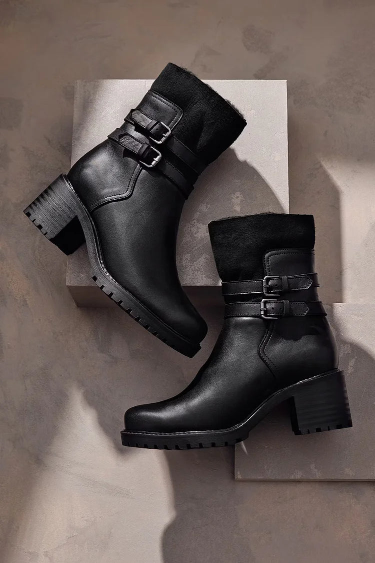 Two Strap Buckle Patchwork Chunky Heel Black Snow Boots [Pre Order]