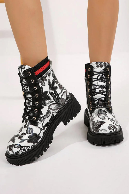 Floral Print Patchwork Lace Up Round Toe Chunky Heel Ankle Boots