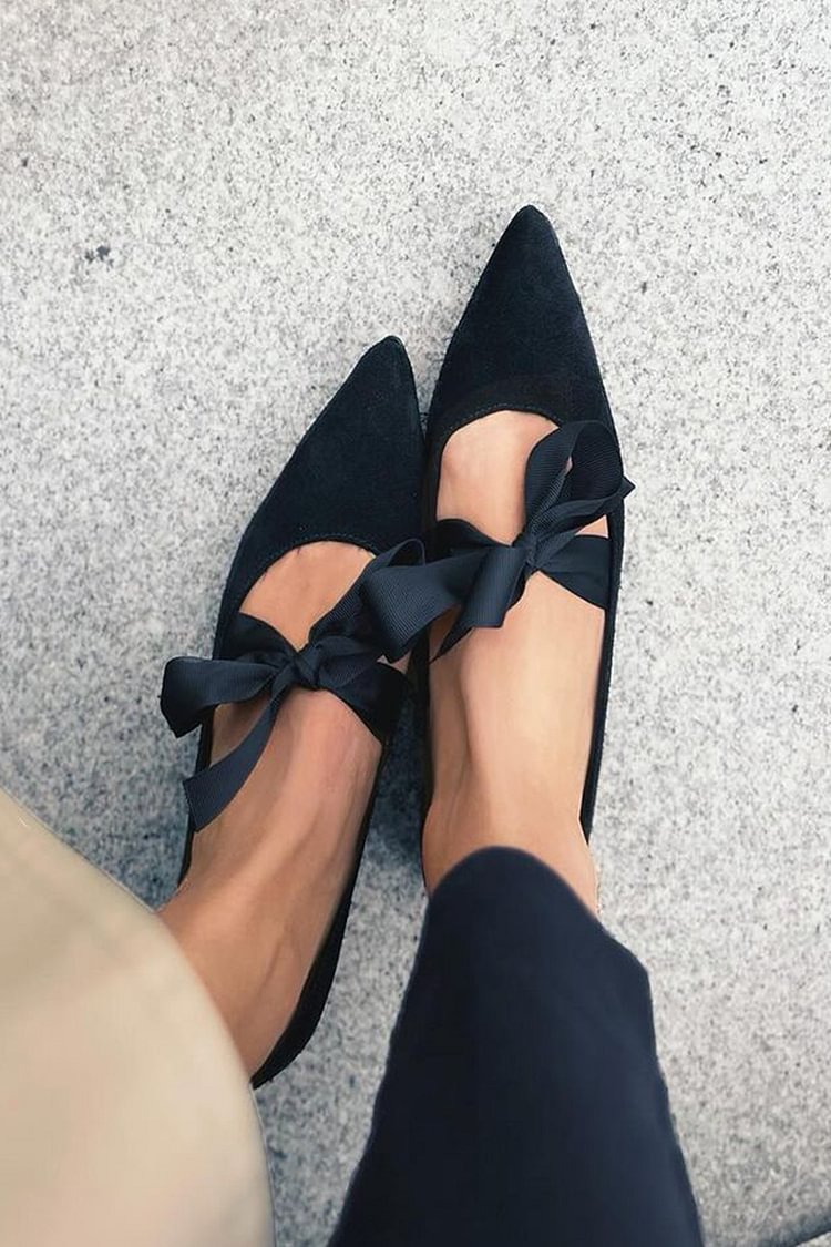 Tied Up Solid Color Pointed Toe Black Flats [Pre Order]