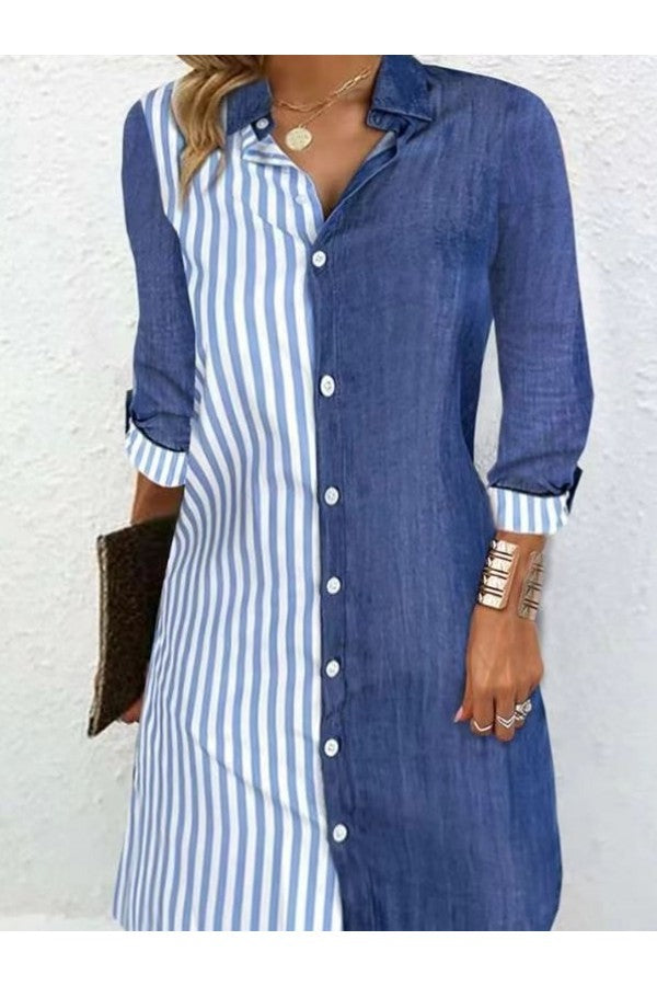 Casual Striped Shirt Collar 3/4 Sleeve Comfy Mini Dress