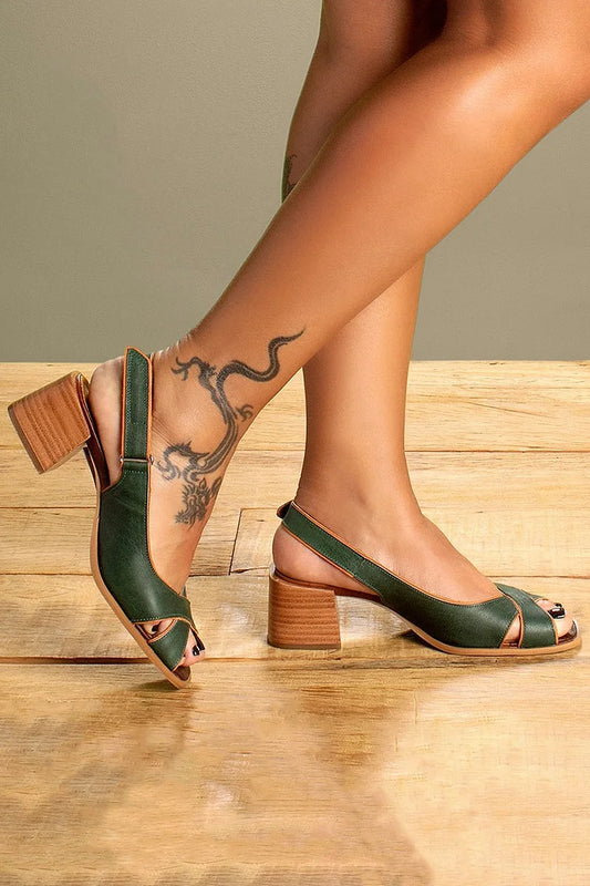 Peep Toe Contrast Color Slingback Dark Green Low Heels [Pre Order]