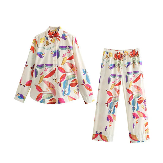 Abstract printed shirt lace-up straight trousers two-piece set