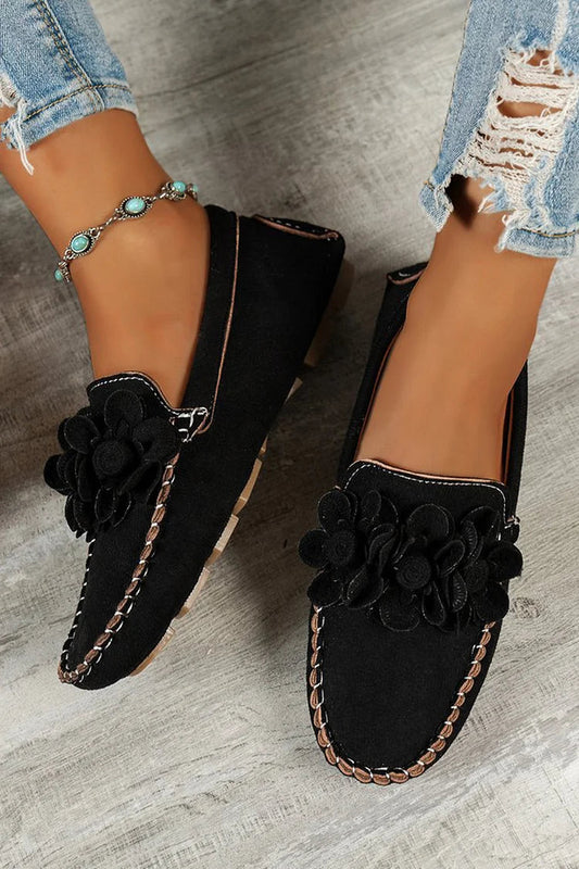 3D Flower Decor Round Toe Solid Color Stitch Detail Loafers