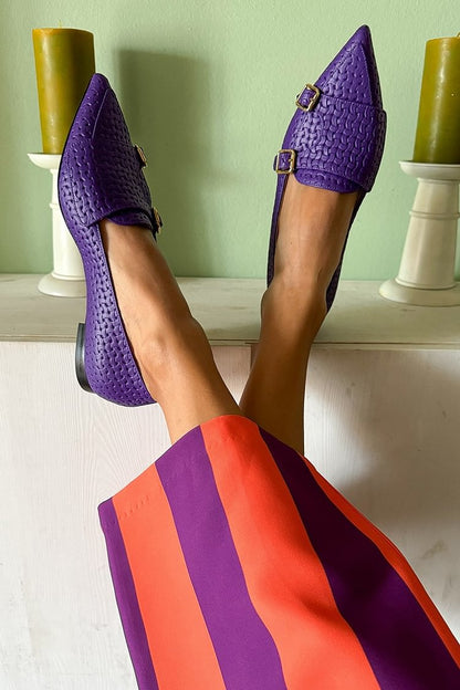 Textured Patchwork Buckles Pointed Toe Purple Flats [Pre Order]