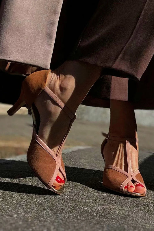 Contrast Trim Peep Toe T-Strap Buckle Brown Stiletto Heels [Pre Order]