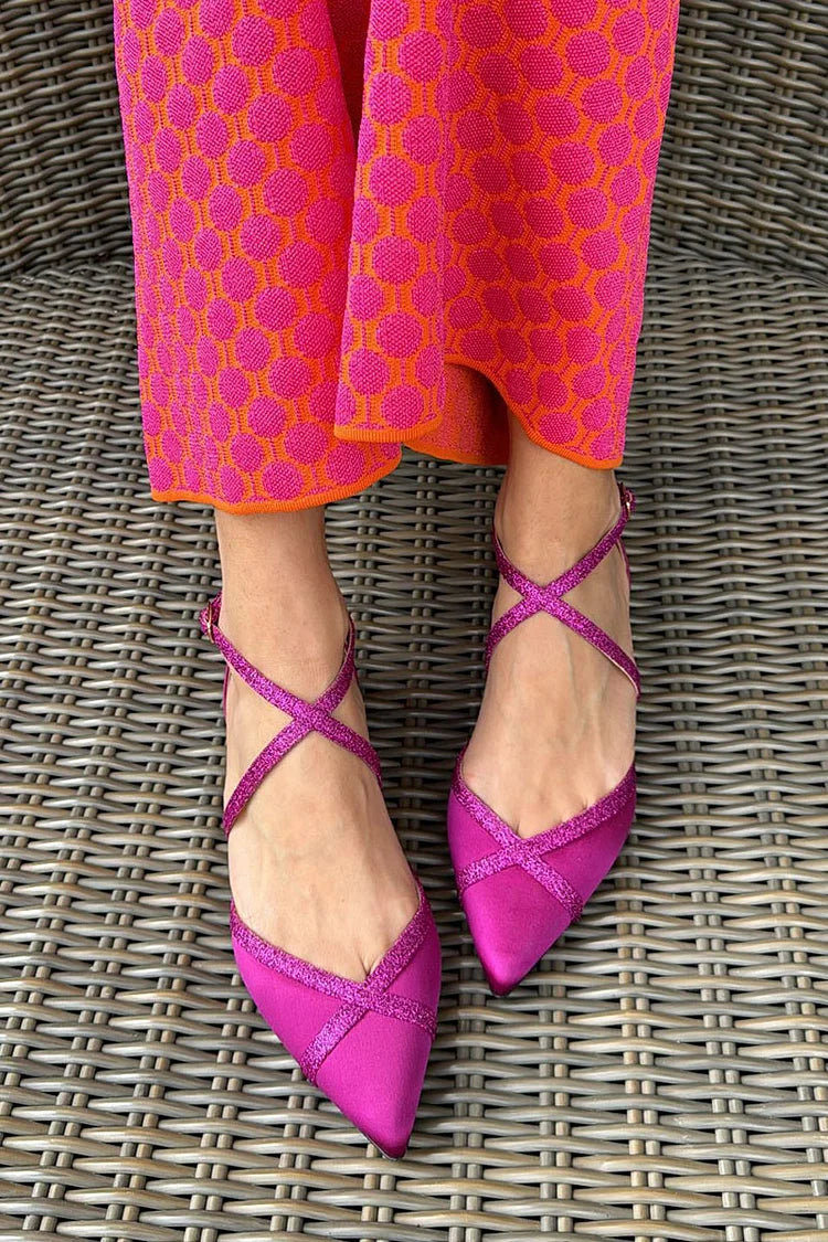 Glitter Patchwork Cross Strap Buckle Pointed Toe Fuchsia Flats