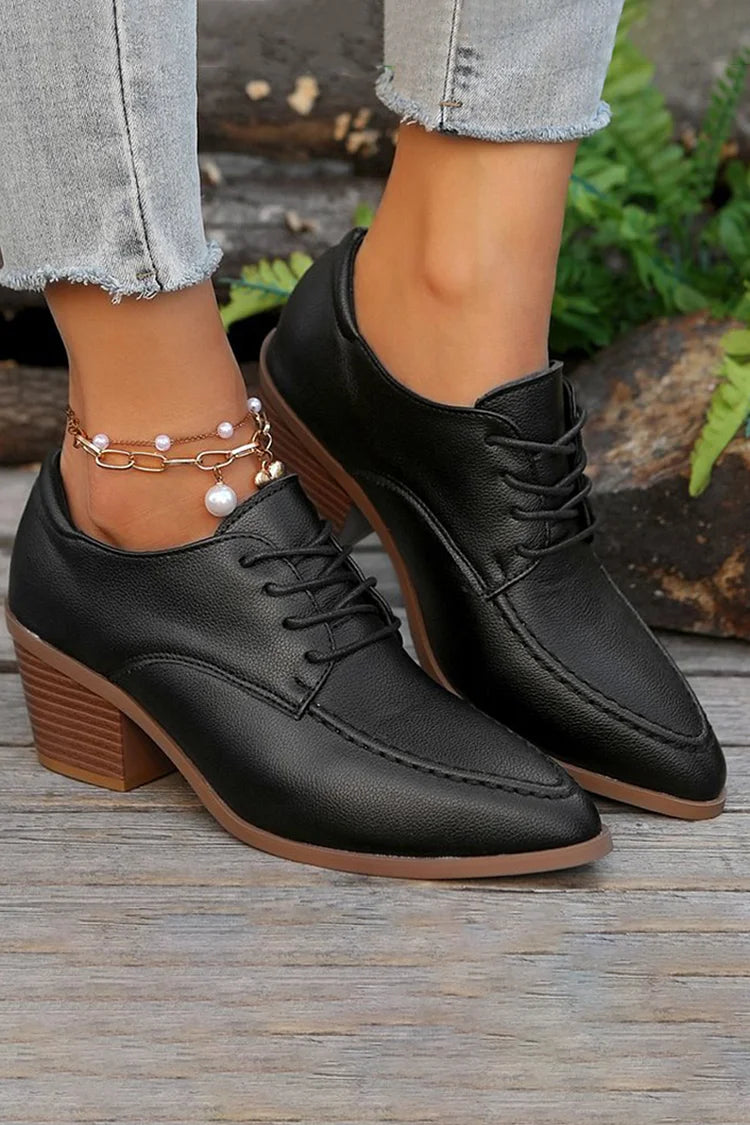 Patchwork Pointed Toe Chunky Heel Lace Up Oxfords