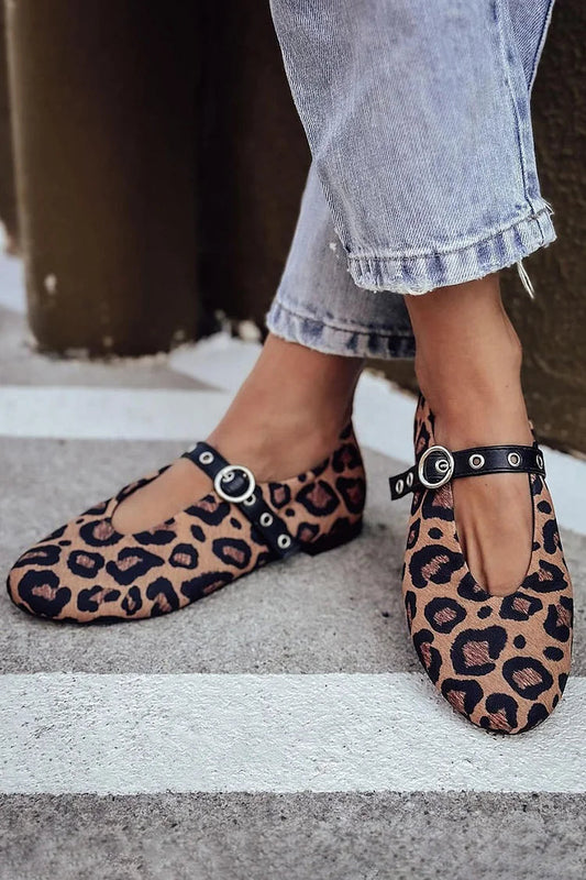 Leopard Print Metal Eyelets Strap Buckle Brown Flats [Pre Order]