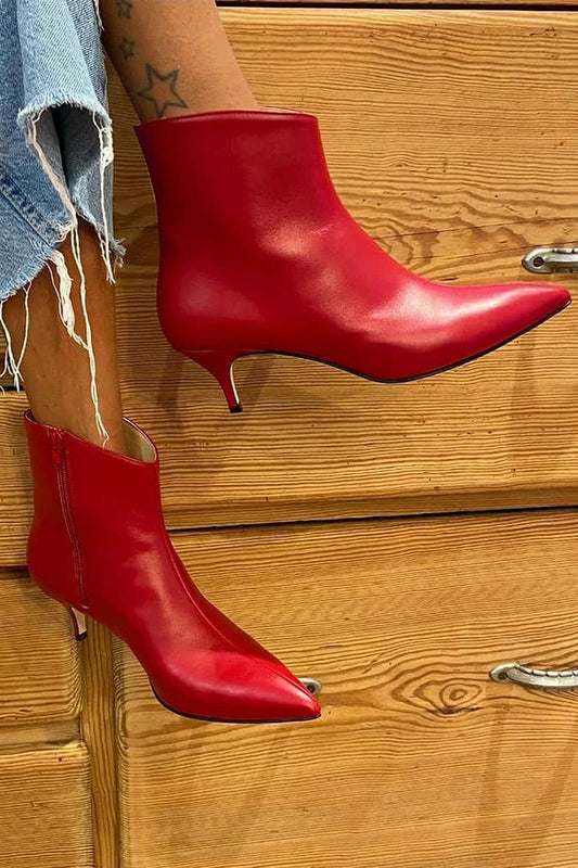 Zipper Solid Color Pointed Toe Kitten Heel Red Ankle Boots [Pre Order]