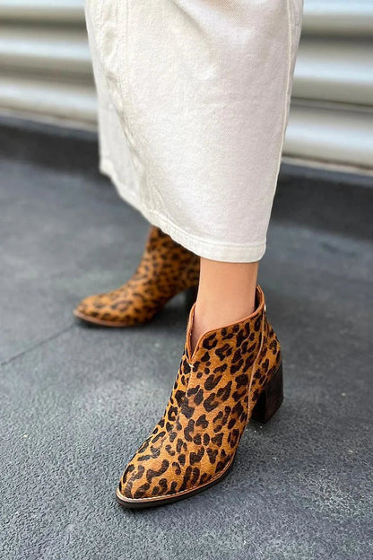 Leopard Print Pointed Toe Brown Chunky Heels Boots [Pre Order]