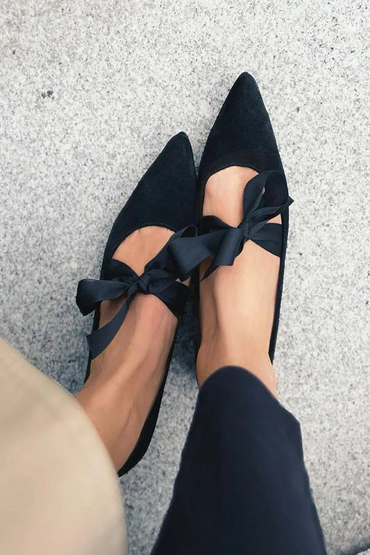 Patchwork Tied Up Bow Pointed Toe Black Flats [Pre Order]