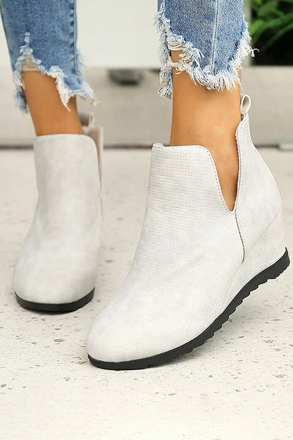 V Cut Solid Color Round Toe Wedge Heel Slip On Ankle Boots