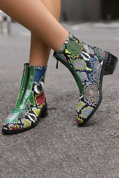 Multicolor Snake Print Patchwork Zipper Round Toe Ankle Boots