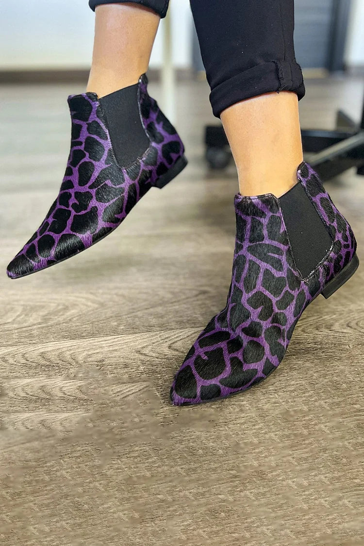 Animal Print Pointed Toe Patchwork Purple Ankle Boots [Pre Order]