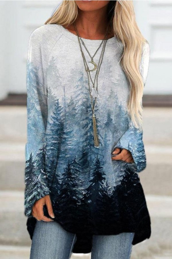 Landscape Print Round Neck Long Sleeves Sweatshirt