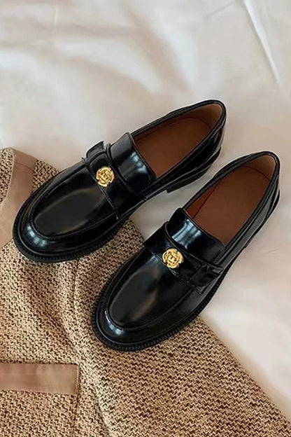 Metallic Buckle Decor Round Toe Patchwork Casual Loafers