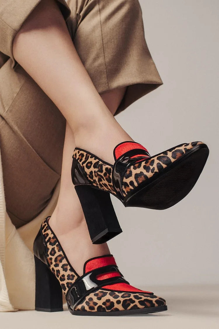 Colorblock Leopard Print Pointed Toe Khaki Chunky Heels [Pre Order]