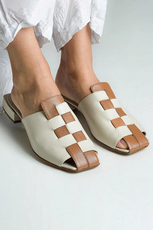 Square Toe Colorblock Woven Casual Beige Mules [Pre Order]