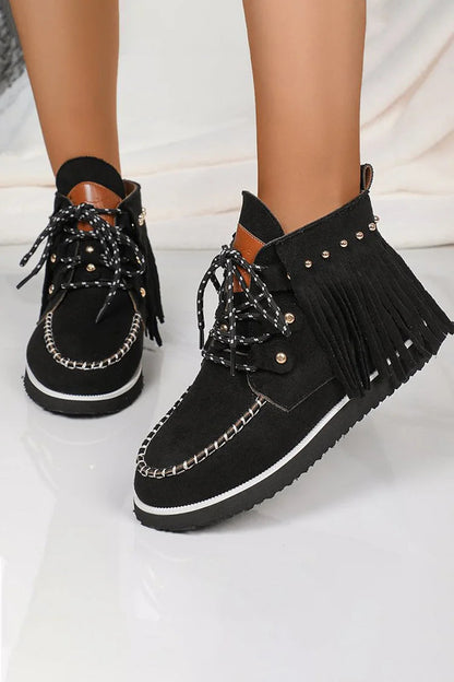 Fringed Trim Metal Rivets Stitch Detail Round Toe Lace Up Ankle Boots