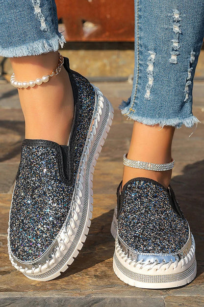 Shimmering Sequin Stitch Detail Round Toe Slip On Platform Loafers