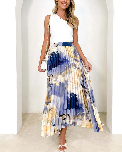 High-end oil painting printed pleated A-line pleated skirt