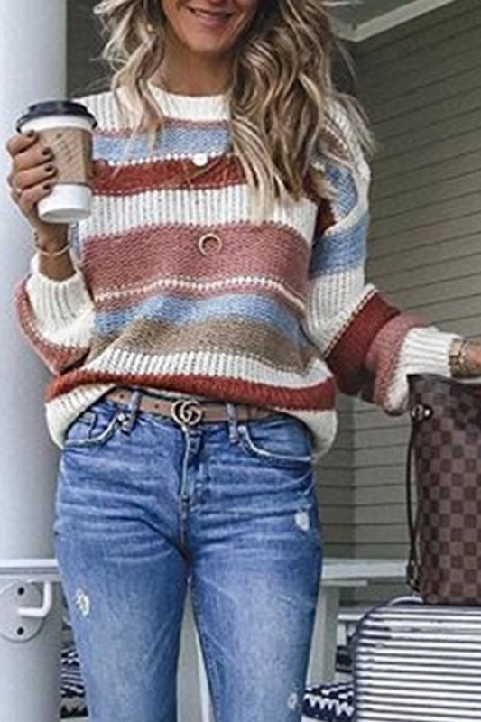 Stripe Splicing O-neck Long Sleeves Sweater