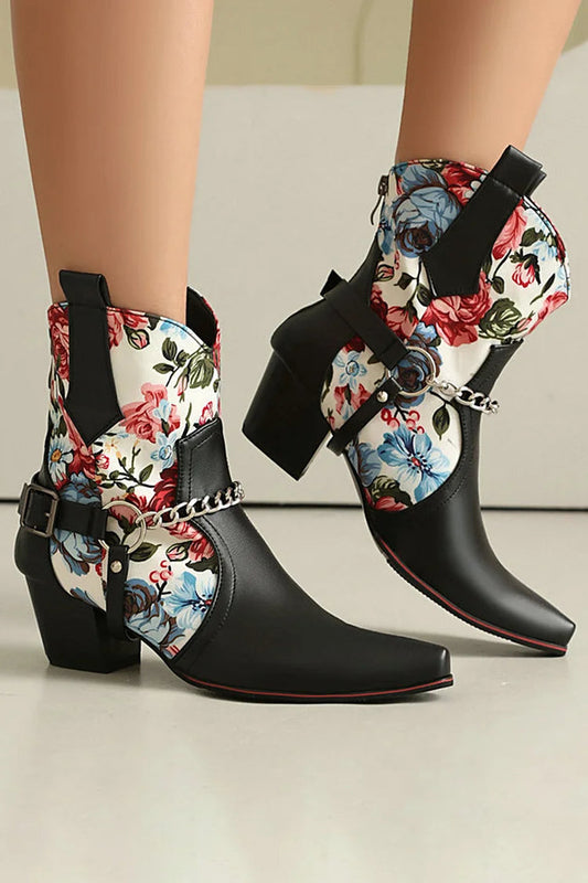 Floral Print Patchwork Chain Decor Pointed Toe Chunky Heel Ankle Boots