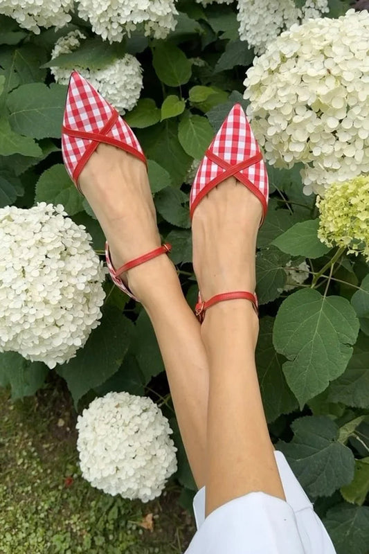 Plaid Patchwork Ankle Strap Buckle Pointed Toe Red Flats [Pre Order]