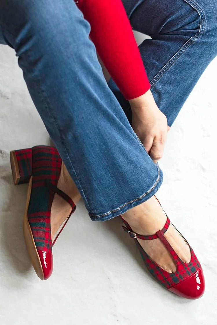 Plaid Patchwork T-Strap Buckle Red Chunky Heels [Pre Order]