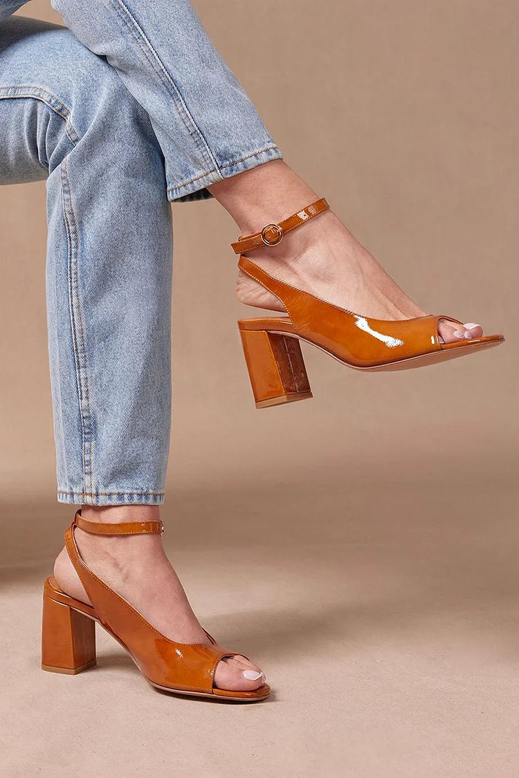 Ankle Strap Buckle Open Toe Slingback Brown Chunky Heels [Pre Order]