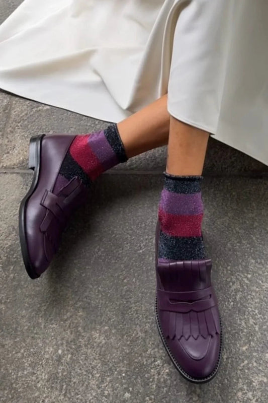 Solid Color Fringed Trim Round Toe Purple Loafers [Pre Order]