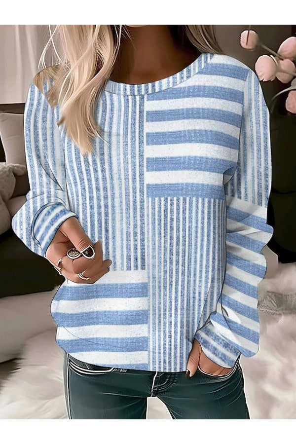 Crew Neck Striped Print Vintage Sweatshirt Spring/Fall Long Sleeve