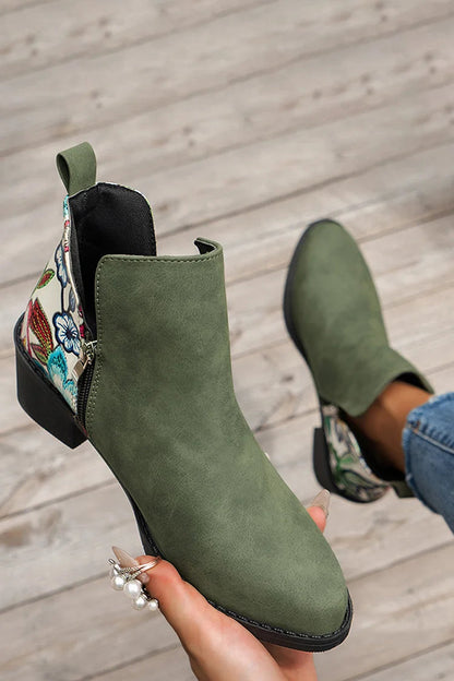 Floral Print Patchwork Zipper Pointed Toe Ankle Boots