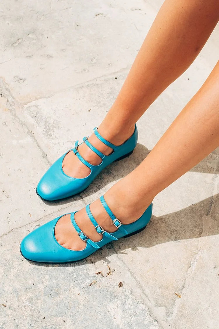 Multi Straps Buckles Solid Plain Round Toe Blue Flats [Pre Order]